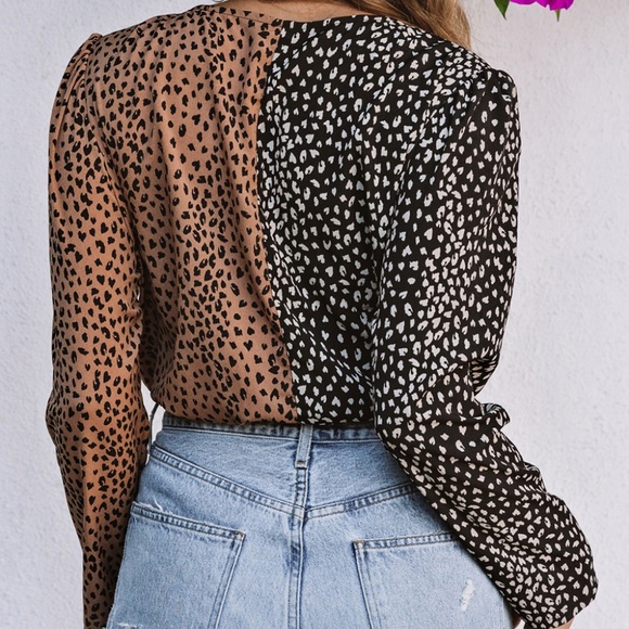 B058 Spliced Leopard Print Wrap Long Sleeve Bodysuit - Picture 4 of 4